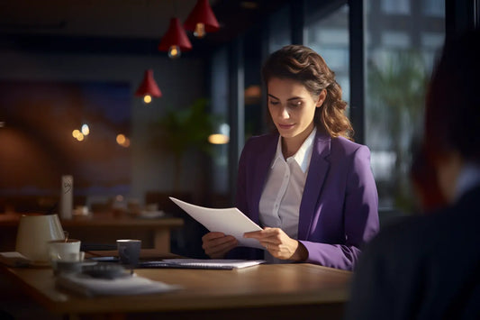 Junge Frau im Business Outfit liest ihren übersetzten und beglaubigten Finanzbericht